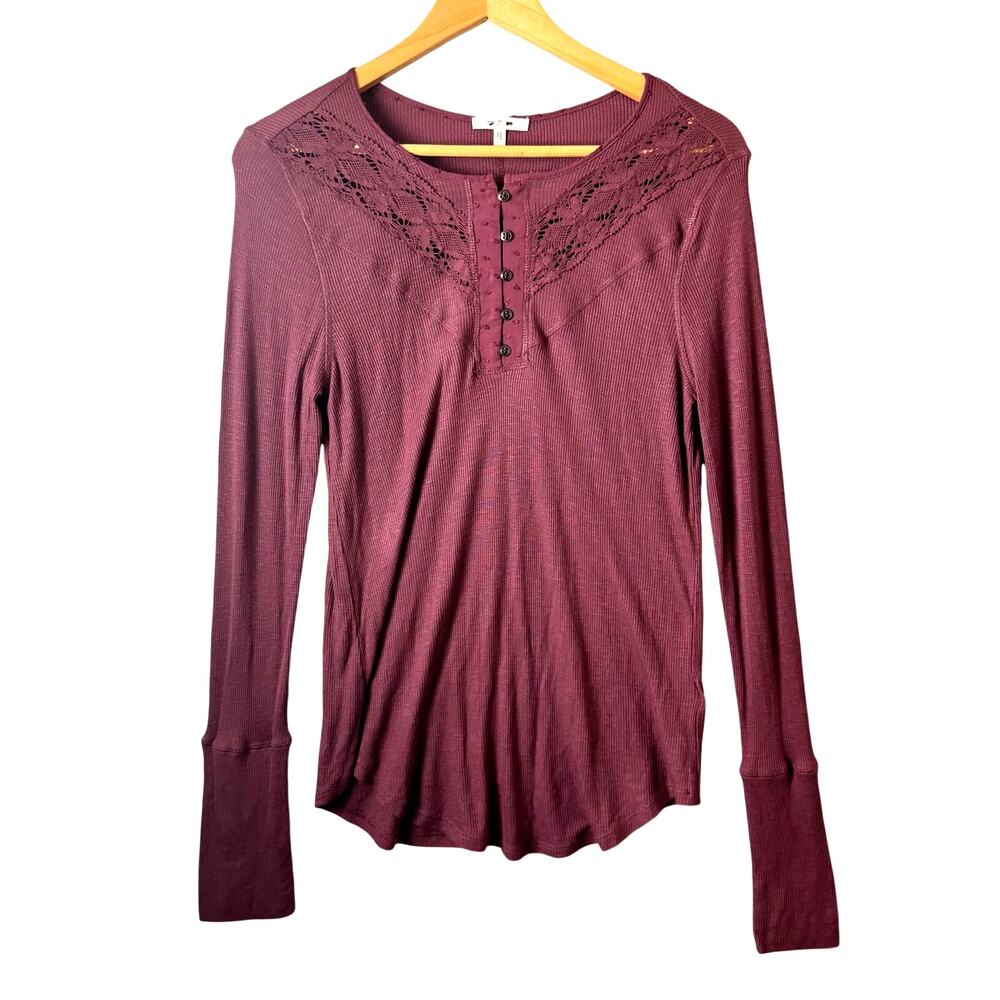 Maurices Lace Yoke Henley Top Womens Medium maroon button front Y2K Retro Ribbed